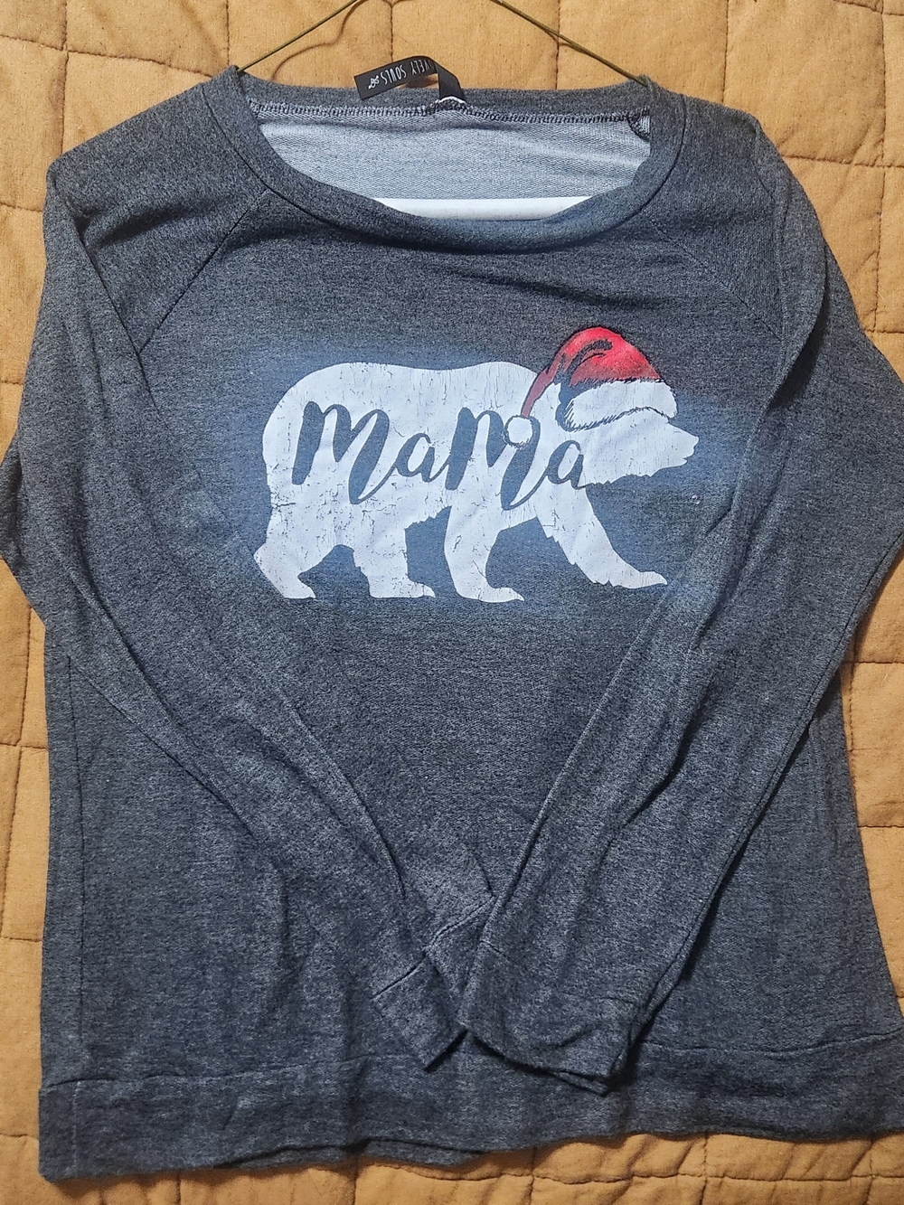 Source Unknown Gray 'Mama' Bear Long Sleeve Tee with Red Santa Hat Graphic